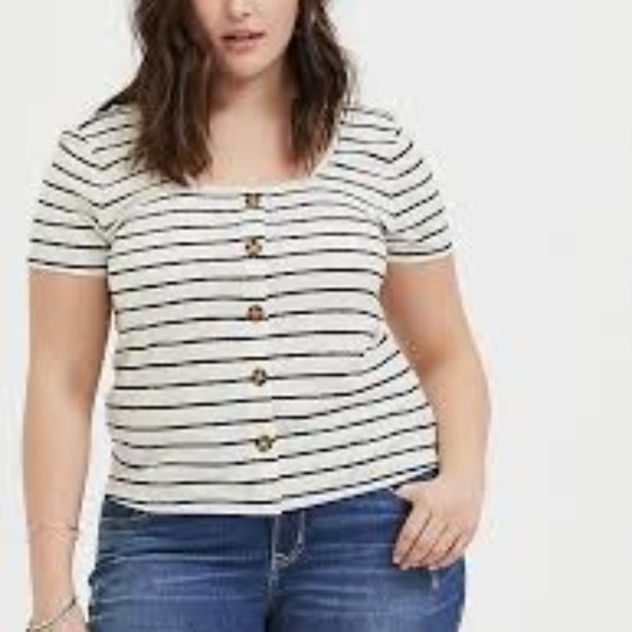 torrid Tops - Torrid IVORY & BLACK STRIPE RIB BUTTON MIDI TEE